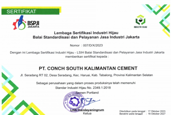 PT. Conch South Kalimantan Cement Memenuhi Standar Industri Hijau